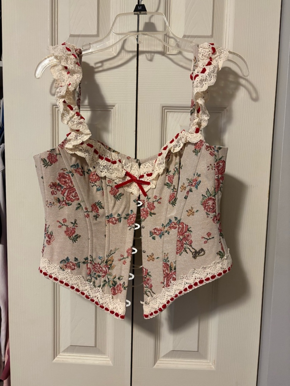 Floral Lace Trim Corset Top - Cream with Pink Roses